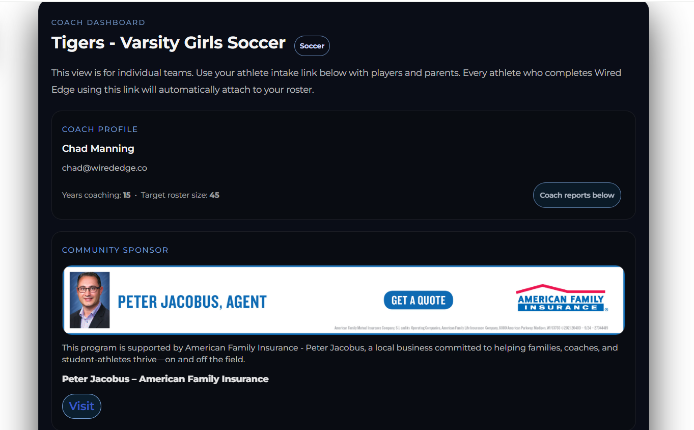 Sponsor placement inside Wired Edge athlete dashboard