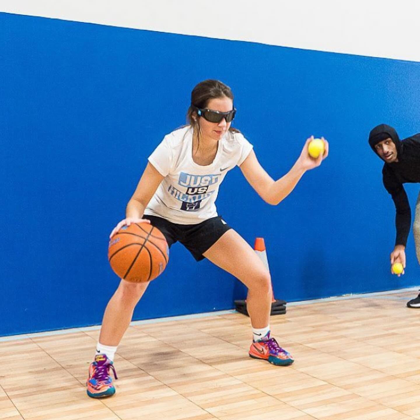 Basketball athlete performing a visual performance drill