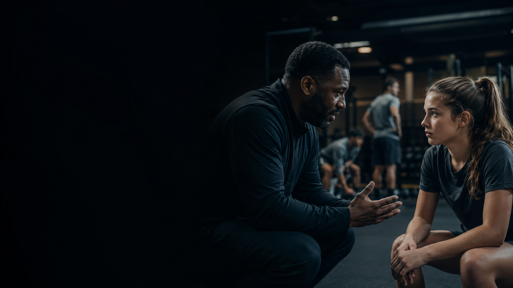 Coach speaking with a high school athlete during team training